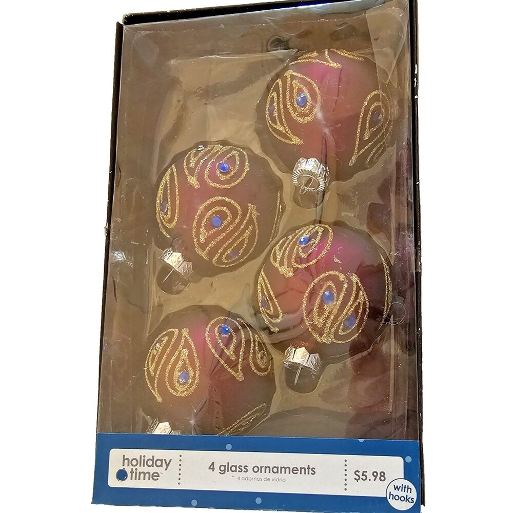 Holiday Time 4 Glass Ornaments Purple/Gold Glitter Bue Accents In Box Hand Decor